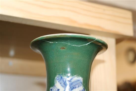 A 19th century Chinese turquoise glazed vase and a green glaze vase Tallest 28cm